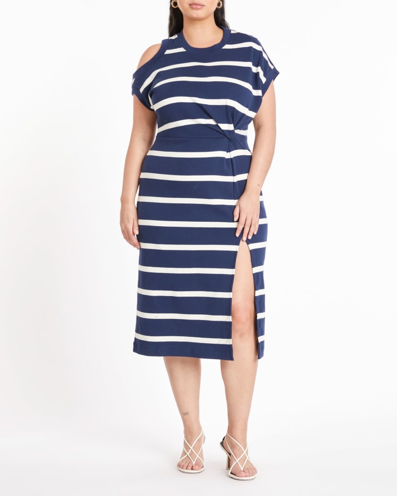 Front of a model wearing a size L Charlie Dress in MARITIME BLUE/CREAM by Tanya Taylor. | dia_product_style_image_id:283232
